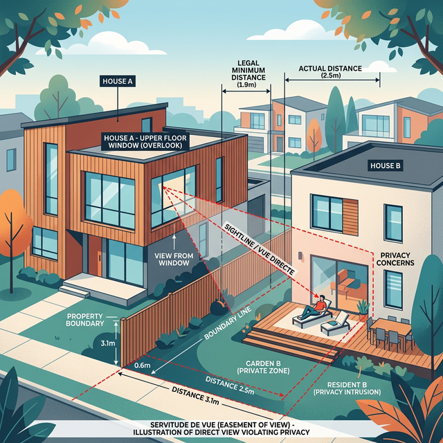 Illustration des règles de servitude de vue et de distance